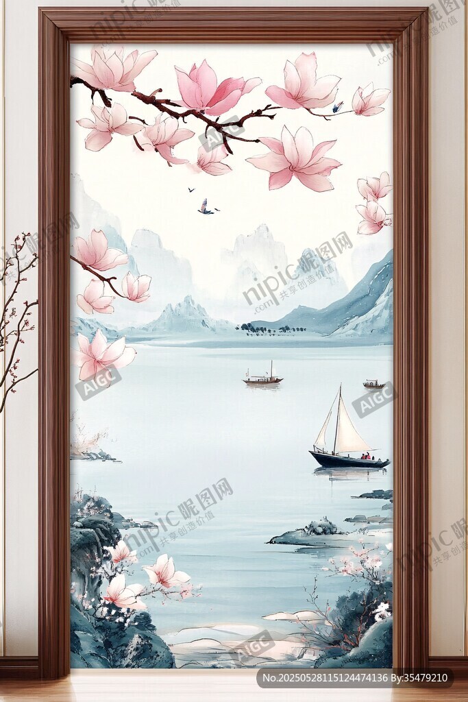 中式山水玉兰花门饰图