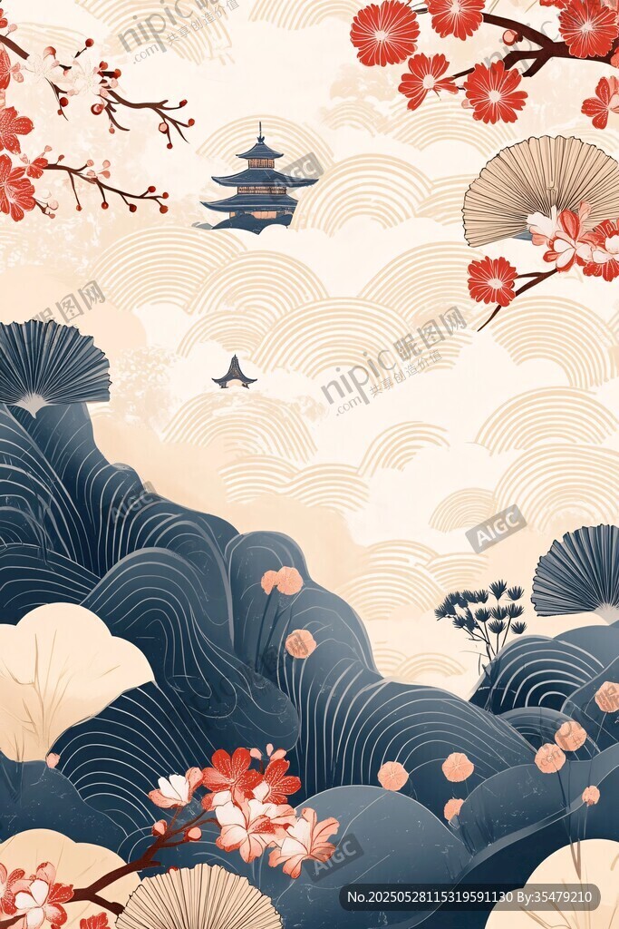 日式山水樱花景致插画