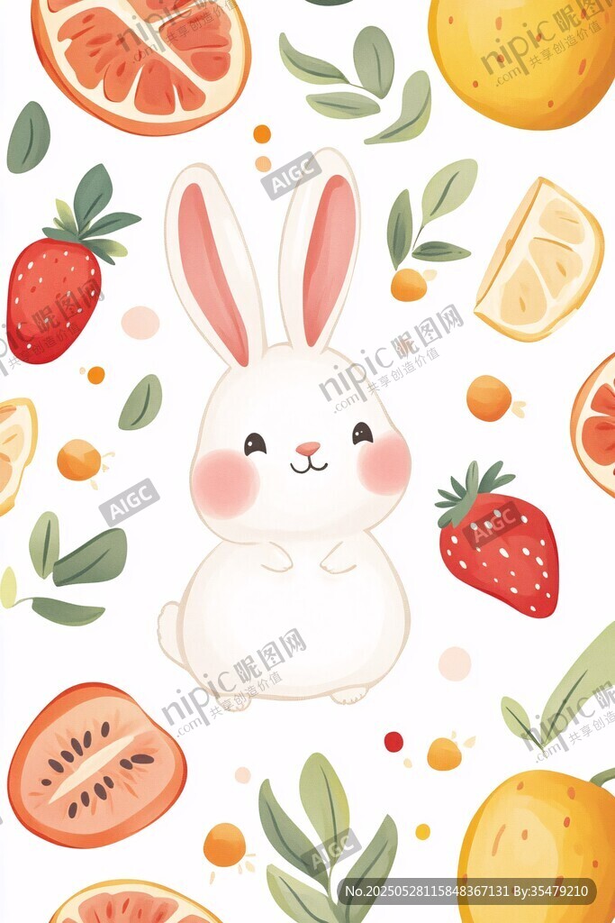 可爱白兔与缤纷水果插画