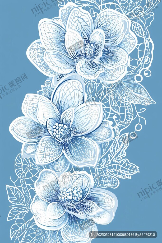 蓝底白花精致花卉图案