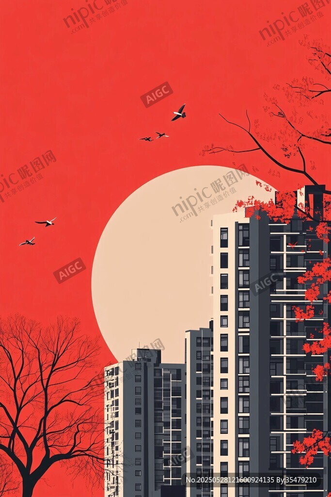 夕阳下的城市与飞鸟景致