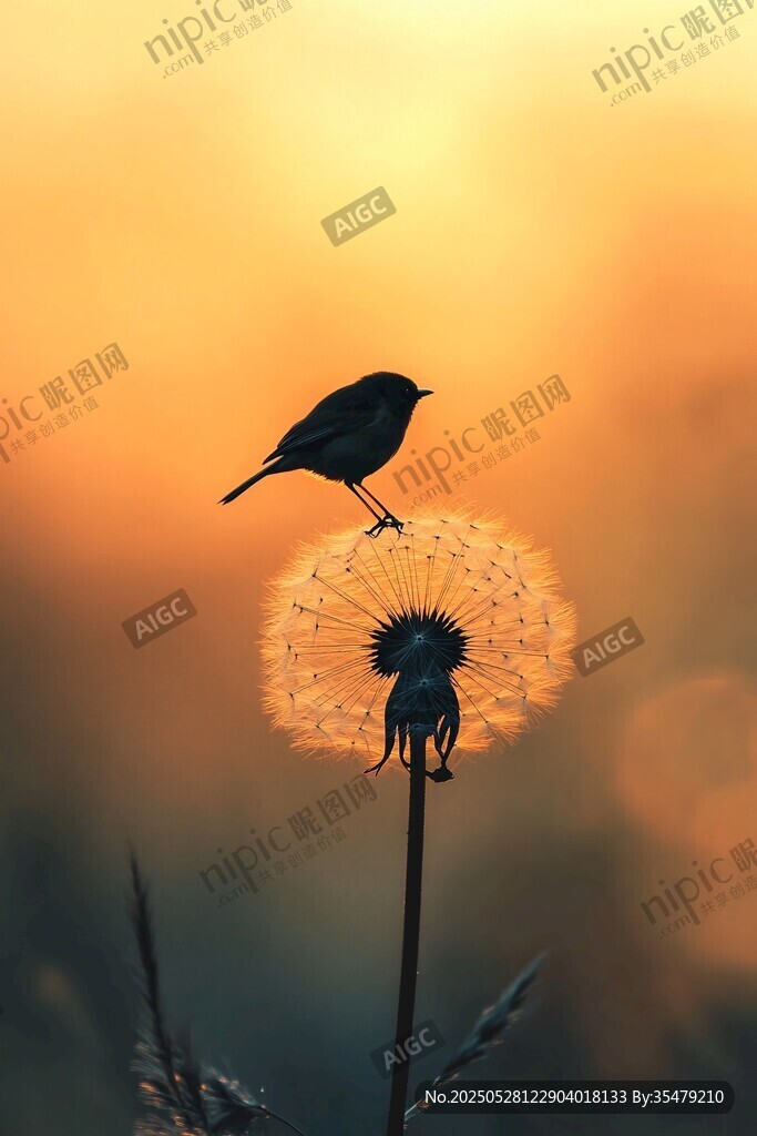 夕阳下小鸟立于蒲公英上