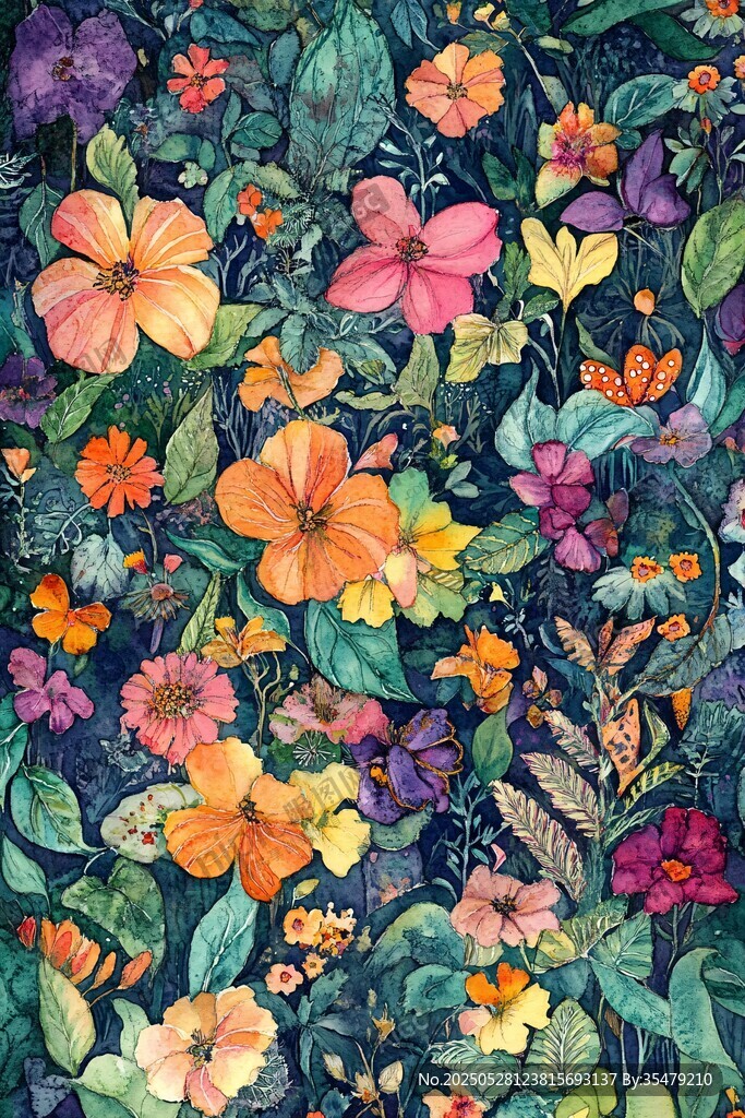 多彩花卉水彩图案背景
