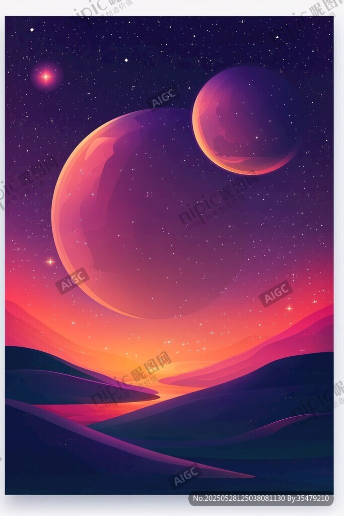 梦幻双月星空下的山河景色