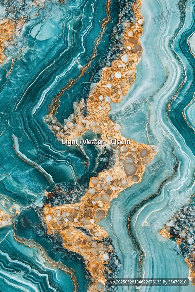 蓝绿金交织的梦幻大理石纹理