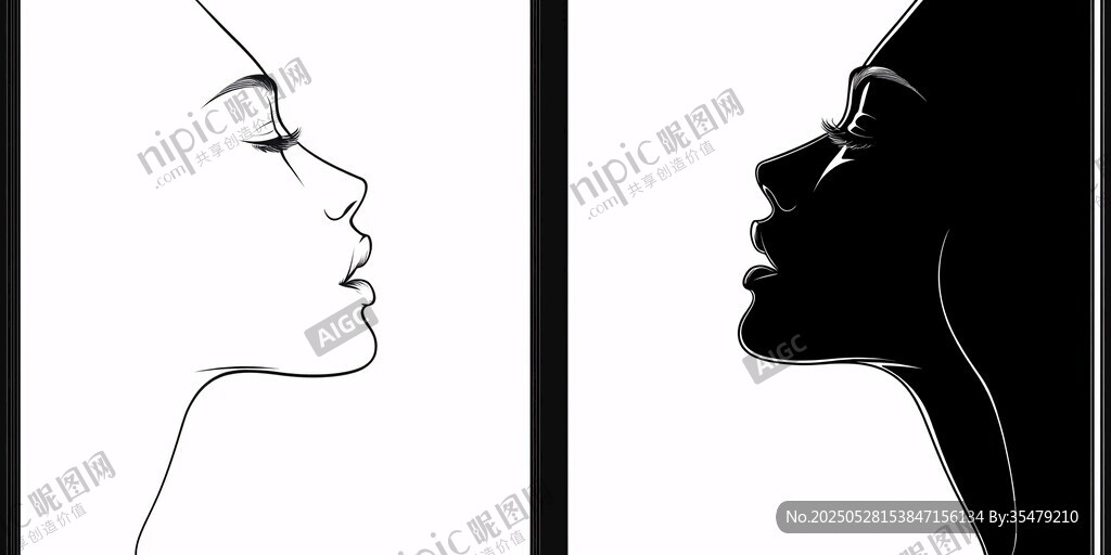 黑白女性侧面轮廓对比图