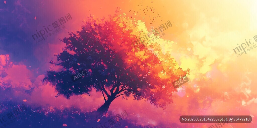 梦幻夕阳下的孤独之树