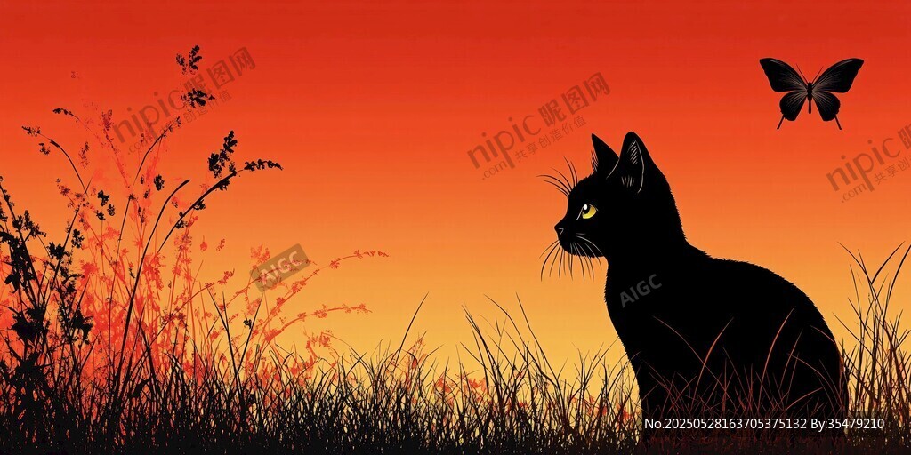 黄昏下黑猫凝视蝴蝶画面