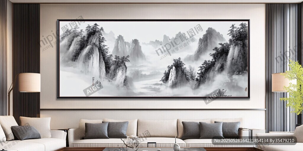 客厅中式山水挂画显雅致