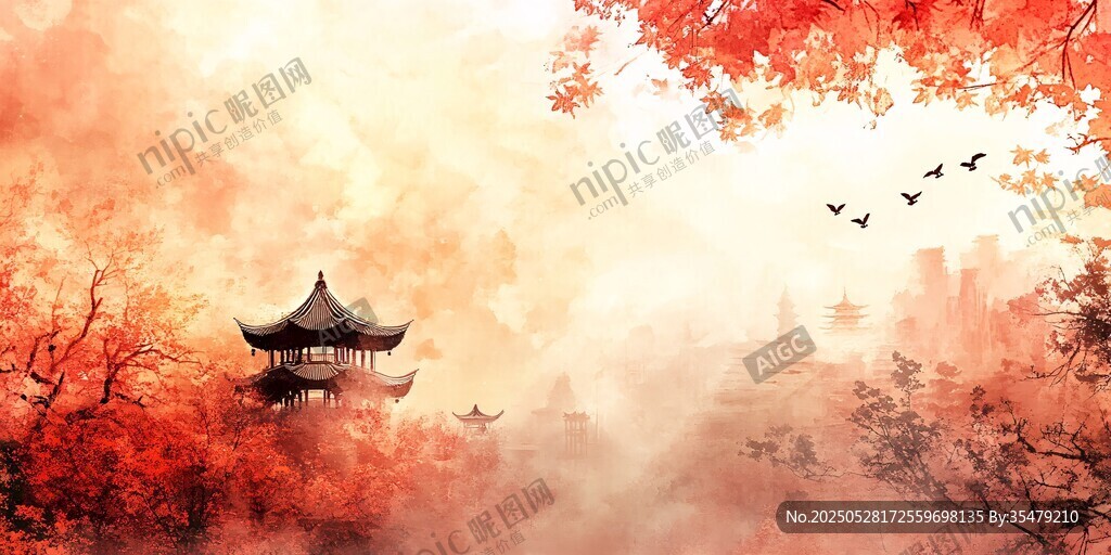 秋日亭景 红叶飞鸟入画