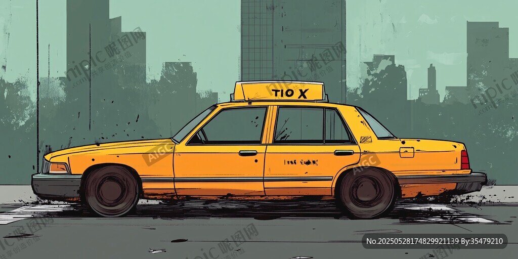城市中的黄色复古出租车