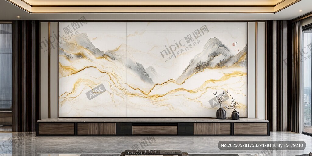中式客厅山水纹理电视背景墙