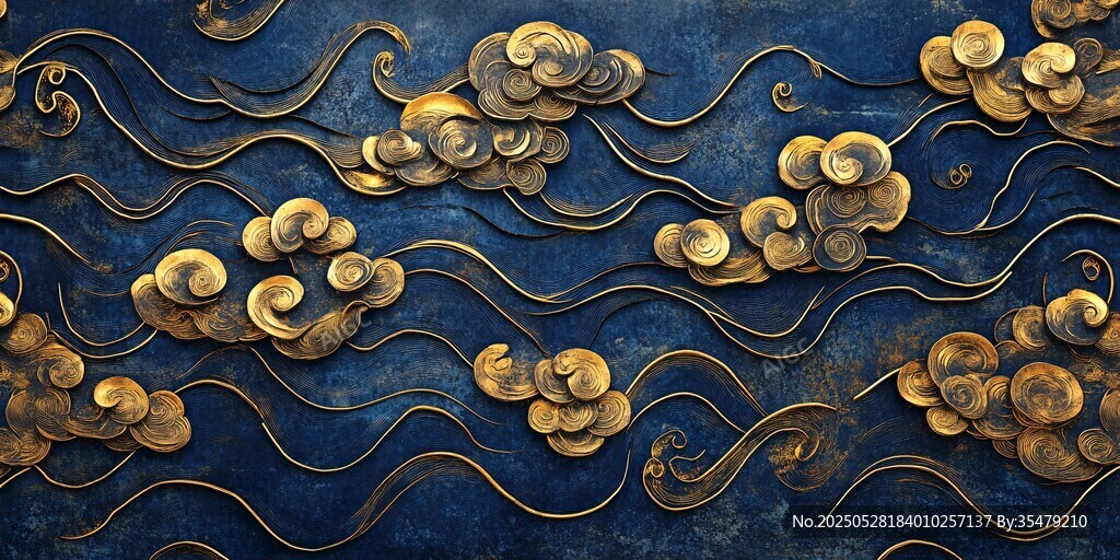 中式金云纹蓝色背景图案