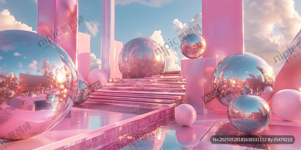 梦幻粉色空间中的金属球体