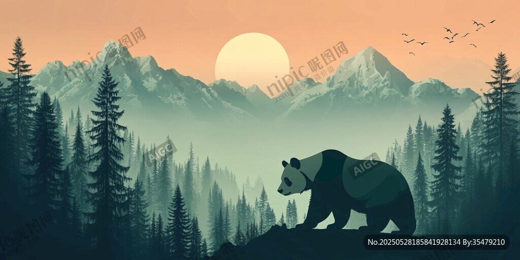 夕阳下漫步山林的熊猫