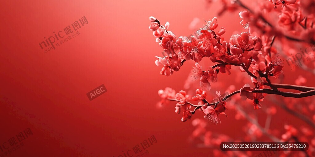 红背景下娇艳绽放的花枝