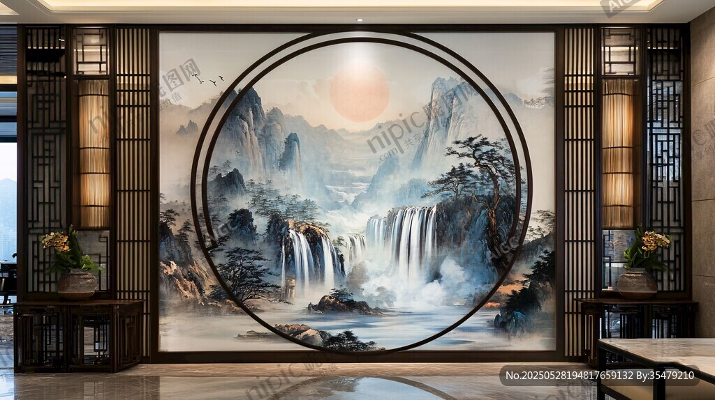 中式客厅山水壁画装饰