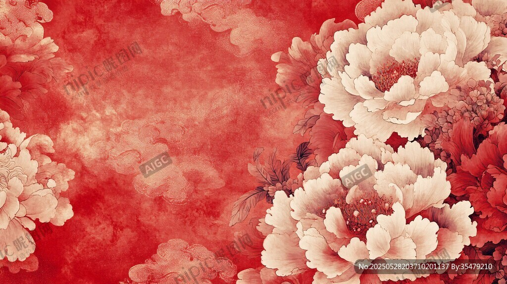 红色牡丹古风花卉背景图