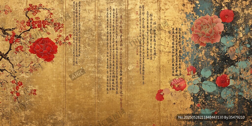金色中式花卉诗词背景图