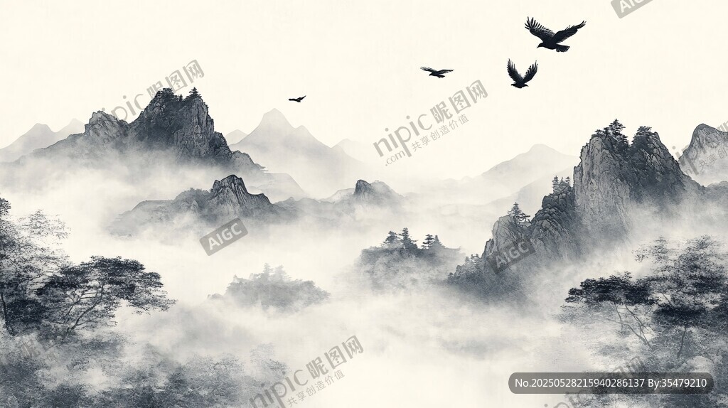 水墨山水间飞鸟翱翔