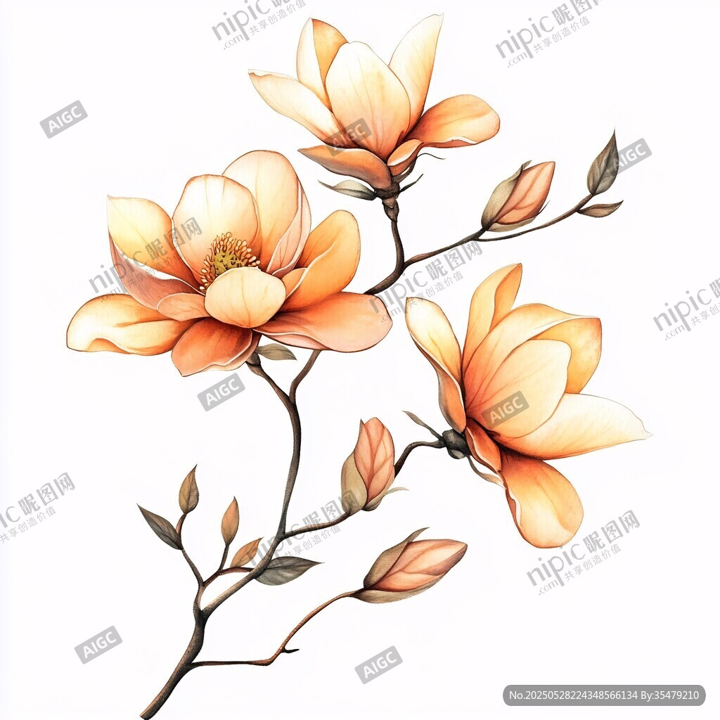 橙色玉兰花枝插画