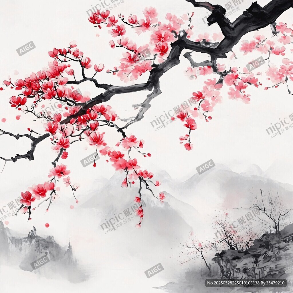 水墨红梅图 山水间的诗意