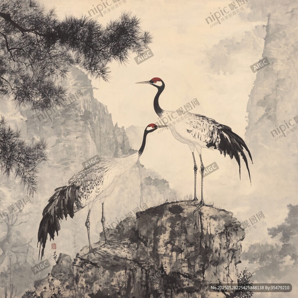 松鹤图 双鹤立于山石间