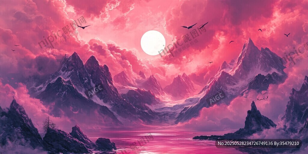 梦幻粉紫山水间的日落奇景