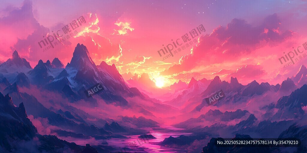 梦幻粉紫霞光中的壮美山峦