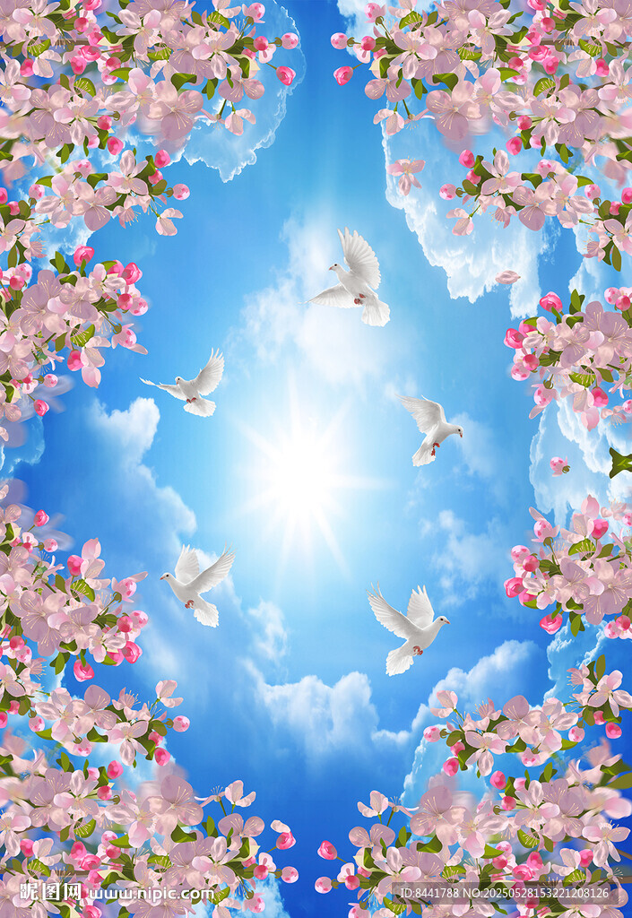 蓝天白云桃花