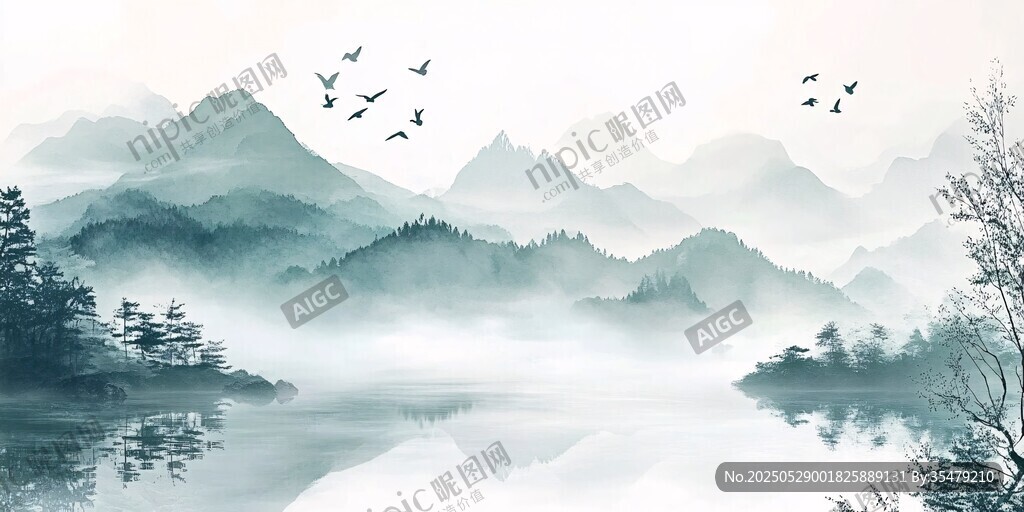 水墨山水间飞鸟掠湖景