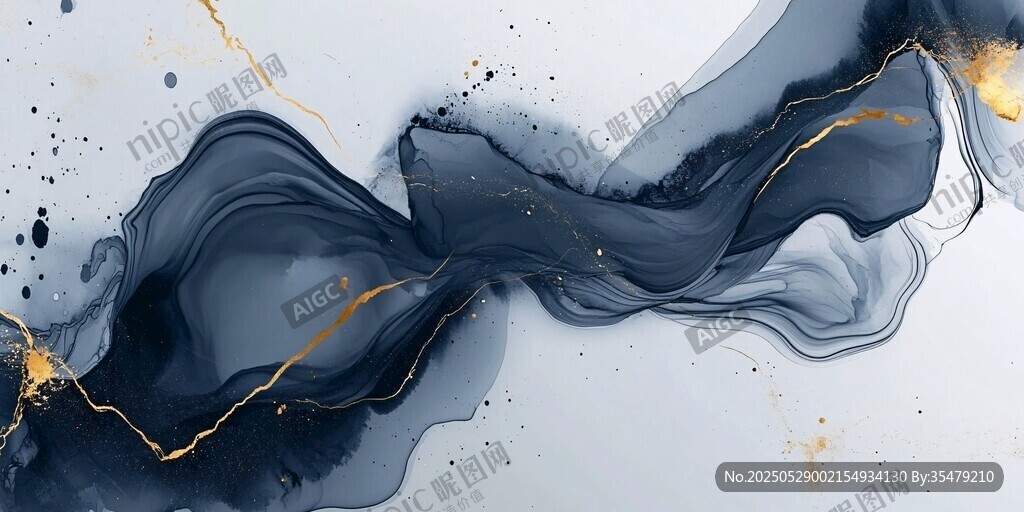 墨韵金纹抽象艺术流体画