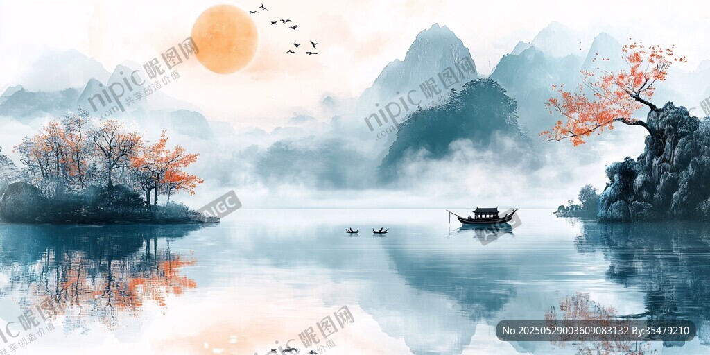 水墨山水间的静谧泛舟景