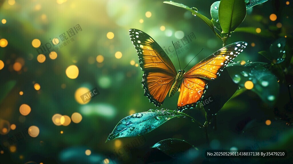 梦幻蝴蝶栖于带露绿叶间