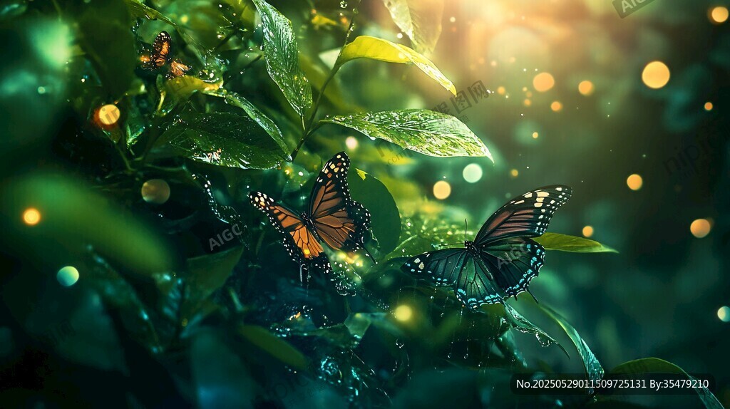 梦幻绿叶间的蝴蝶光影