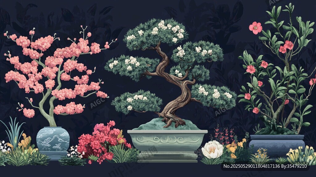 中式盆景花卉景观插画