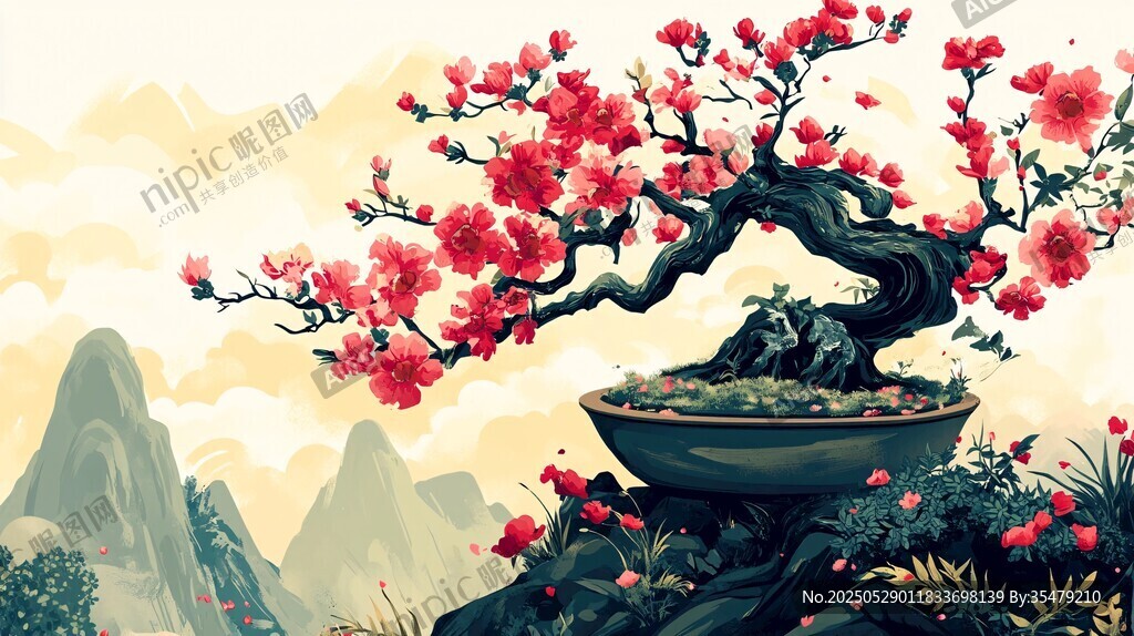 中式盆景绽放艳丽红梅