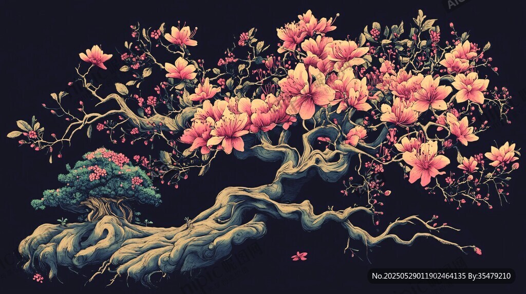 玉兰花树盆景精美插画