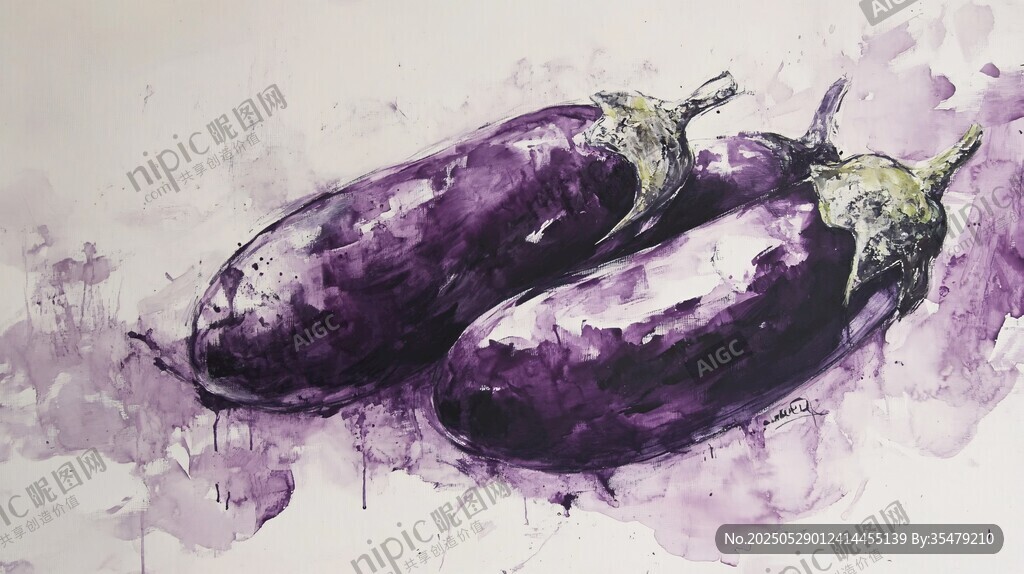 水彩画中的两个紫色茄子