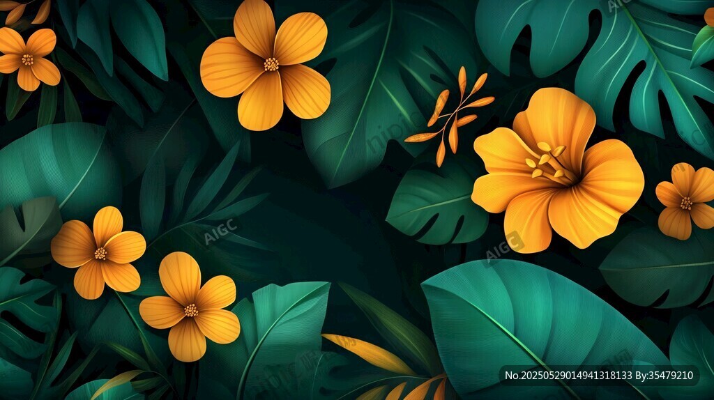 热带花卉绿叶精美插画