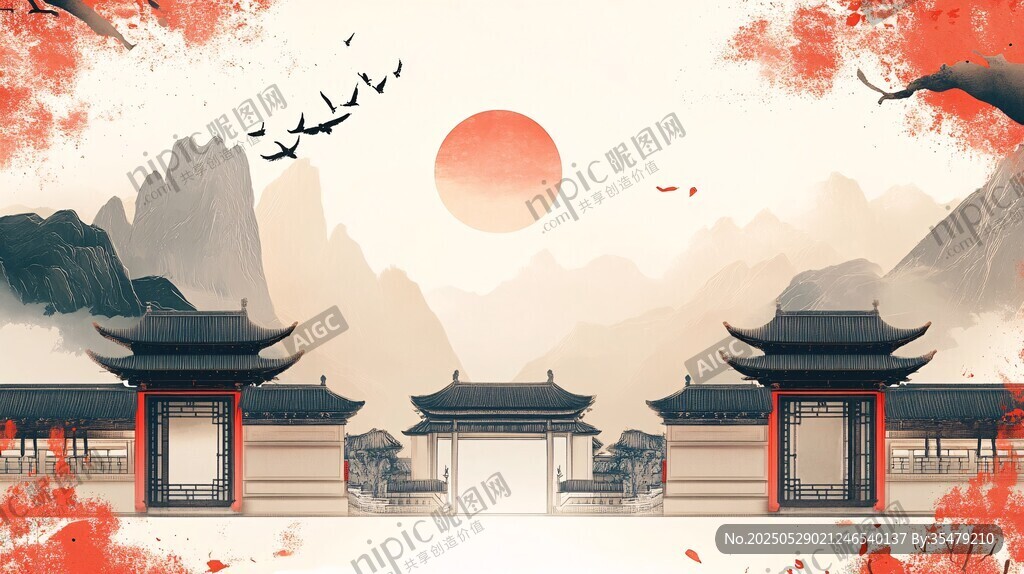 中式古风建筑落日美景图