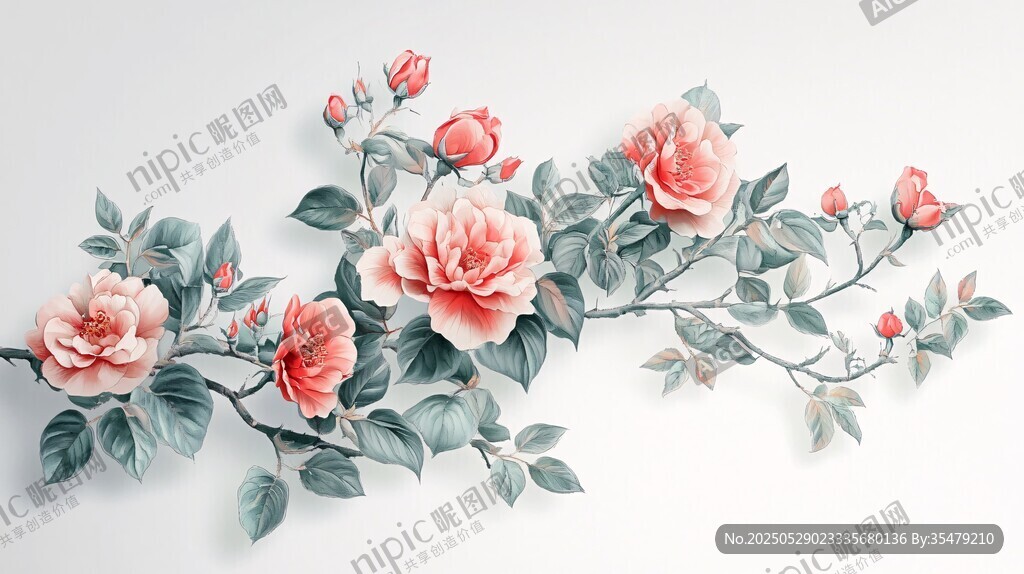 手绘粉色花卉枝叶图案