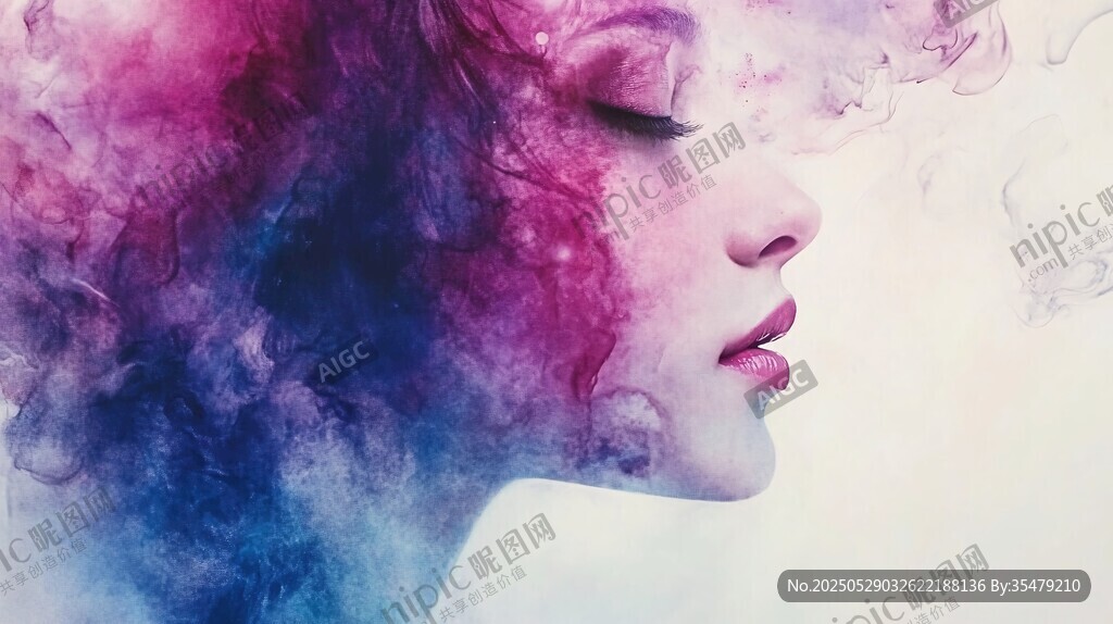 梦幻色彩的女性侧脸轮廓