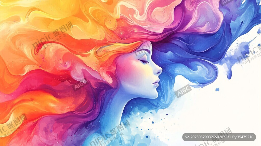 梦幻色彩的女性侧脸艺术图