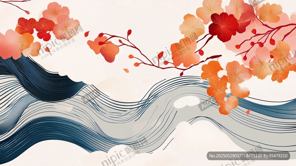 水墨风花枝与波浪图景