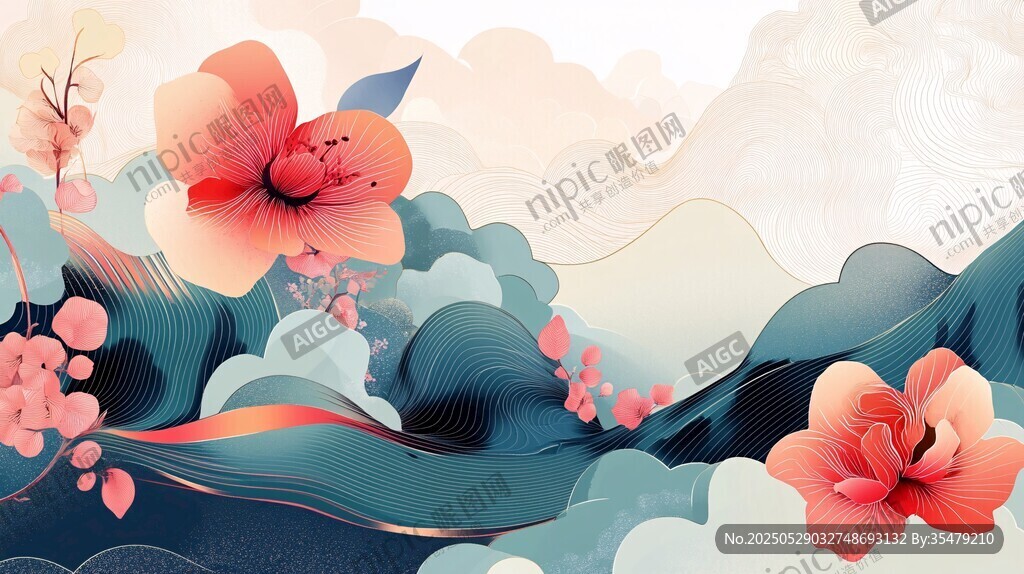 中式山水间绽放艳丽花朵