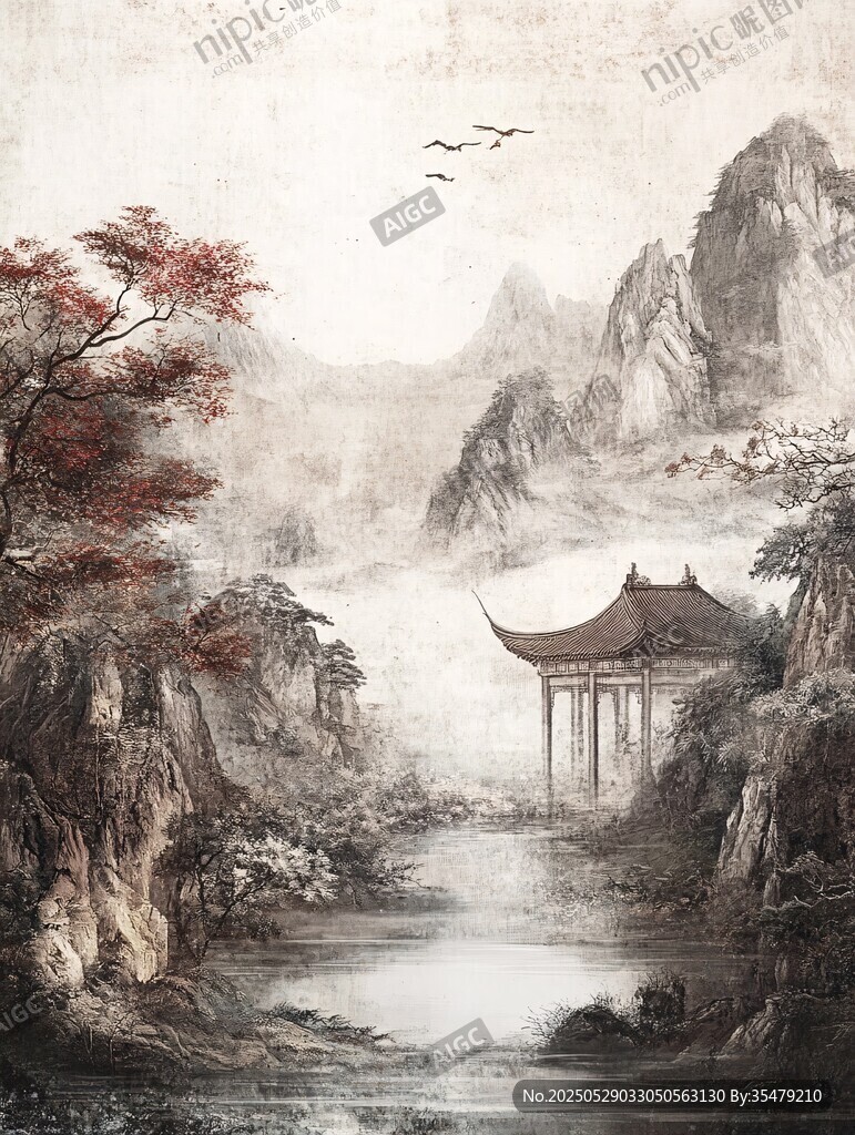 水墨山水间的亭台景致