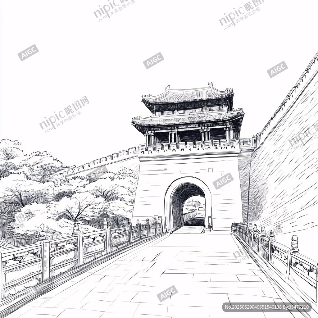 古城门手绘线条艺术图