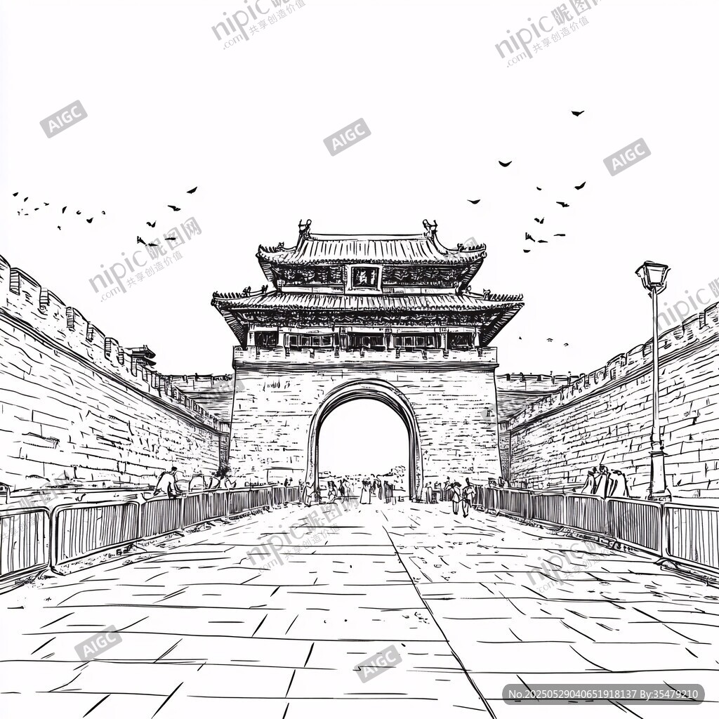 古城门建筑线稿图