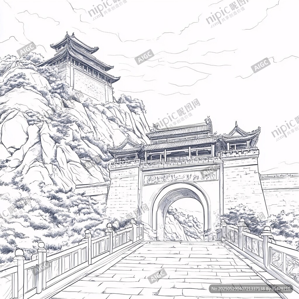 古风城门建筑线描图